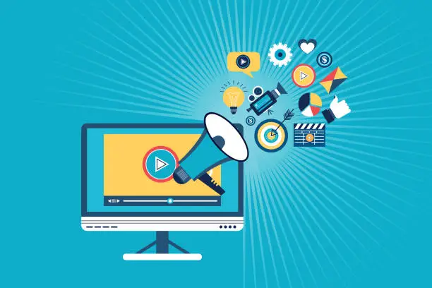 Vector illustration of video marketing you-tube advertising webinar