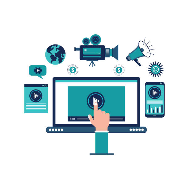 istock Video marketing web concept with laptop and camera, loudspeaker, money and media elements 1267245209