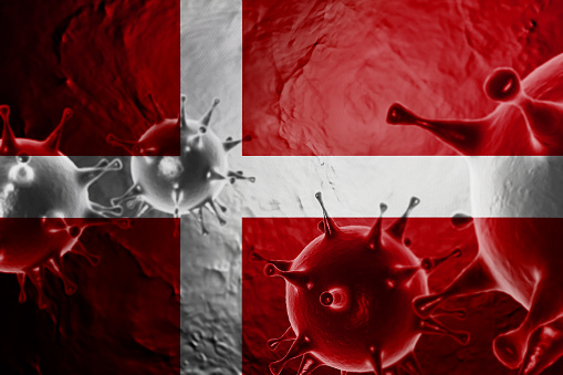 3D ILLUSTRATION VIRUS WITH Denmark FLAG, CORONAVIRUS, Flu coronavirus floating, micro view, pandemic virus infection, asian flu.