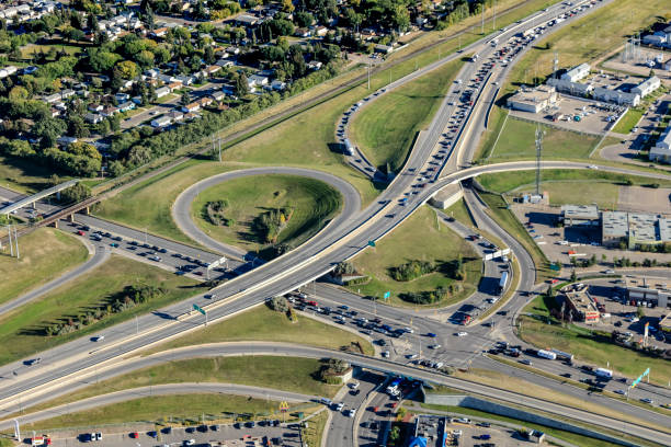 Aerial view at junctions of city highway vehicles drive on roads Newark NJ US