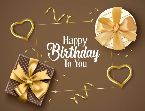 istock Birthday elegant vector background design. Happy birthday text with golden gifts, confetti, and heart party elements and brown empty space for invitation card messages. 1267251679