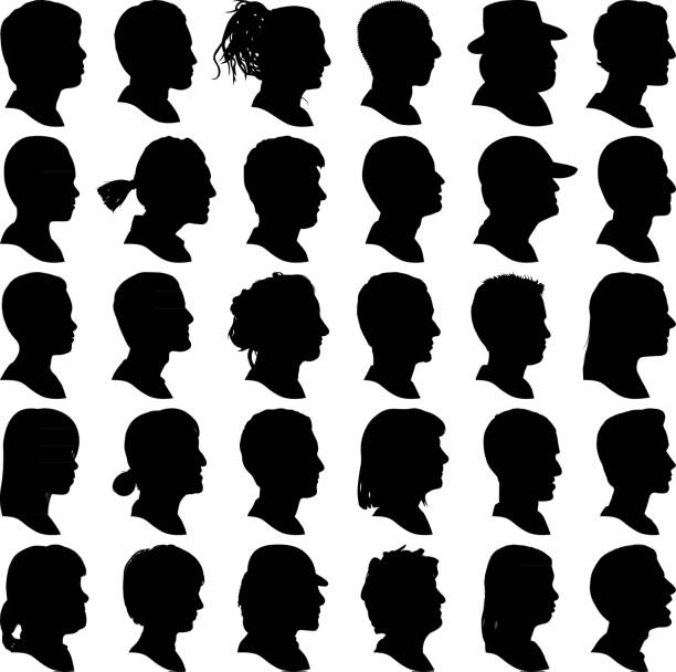 bardzo szczegółowe sylwetki profilu głowy - hairstyle profile human face sign stock illustrations