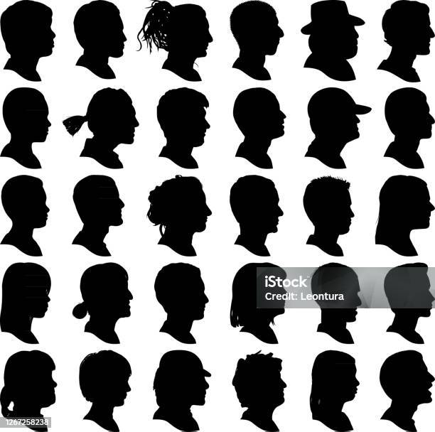 Highly Detailed Head Profile Silhouettes Stock Illustration - Download Image Now - In Silhouette, Profile View, Head