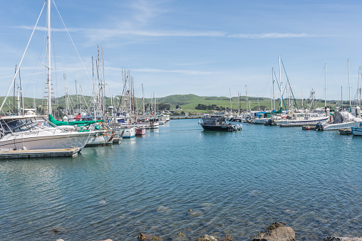 Bodega Bay, CA, EUA - MARCH 23 2016:  Boat and yatch on Bodega Bay, California, city where filmed The Birds by Alfred Hitchcock