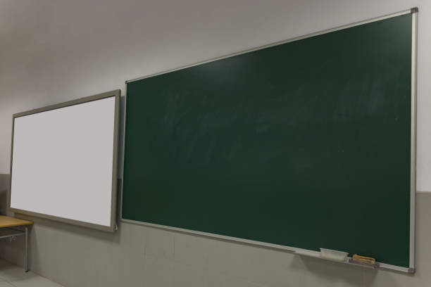 istock Back to school, empty class, green blackboard, table and chair, classroom with covid 1267259886