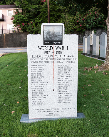 Wetumpka, Alabama/USA-July 13, 2020: Elmore County World War I memorial on the lawn of the Elmore County Courthouse.