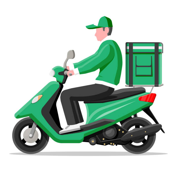 istock Delivery man riding motorbike scooter with the box 1267264426
