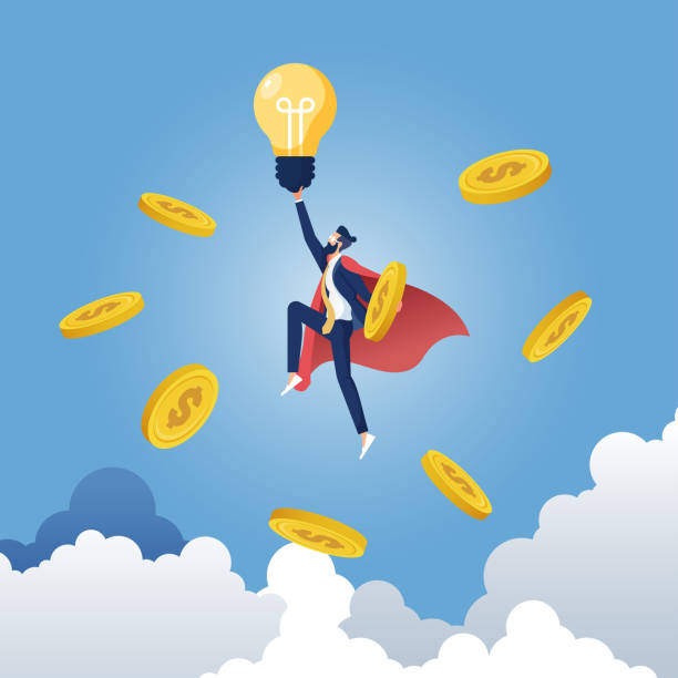 Businessman Creating Business Ideas-Idea Earning Money and Getting Profit Reward for New Idea, Character Making Money, Work on Project super money stock illustrations