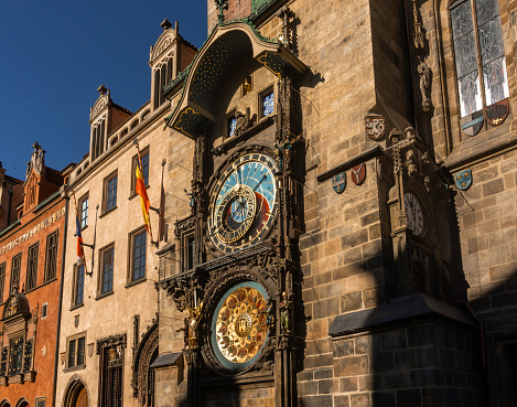 In Prague Old Town Square, the beautiful astronomical clock, Pražský orloj in Czech, installed in 1410 on the Southern wall of the Old Town Hall.