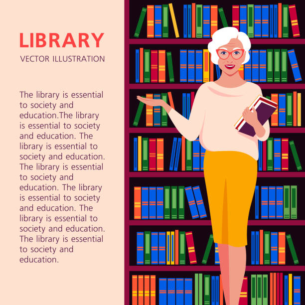 年配の女性が手に本を持っている。図書館員は本棚の背景に立っている。大学図書館。本屋さん。 - librarian点のイラスト素材／クリップアート素材／マンガ素材／アイコン素材