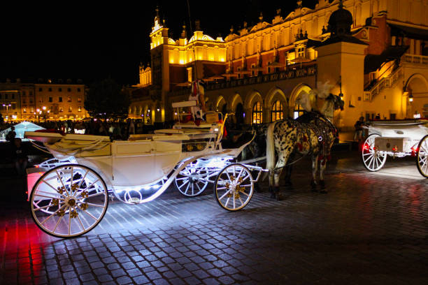 夏の夜の間に旧市街の通りで昔ながらのコーチの馬。 - krakow people poland church ストックフォトと画像