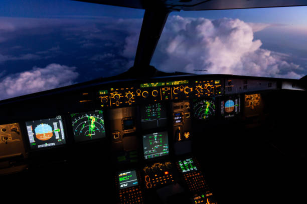 Airbus 320 Flightdeck at Sunset Inflight Airbus 320 airliner flightdeck at sunset with a thunderstorm in the distance and a thunderstorm displayed on the aircraft's weather radar screen flight radar screen stock pictures, royalty-free photos & images