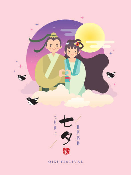 qixi festival oder tanabata festival - cartoon kuhhirten & weber mädchen mit liebesgeste - couple men women male stock-grafiken, -clipart, -cartoons und -symbole