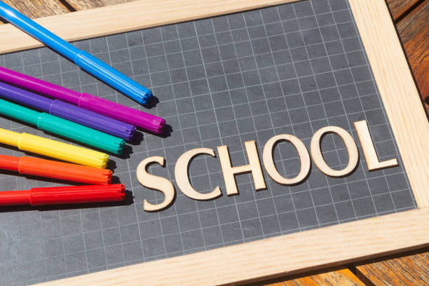 istock Felt-tip pencils and chalkboard slate with school written 1267273590