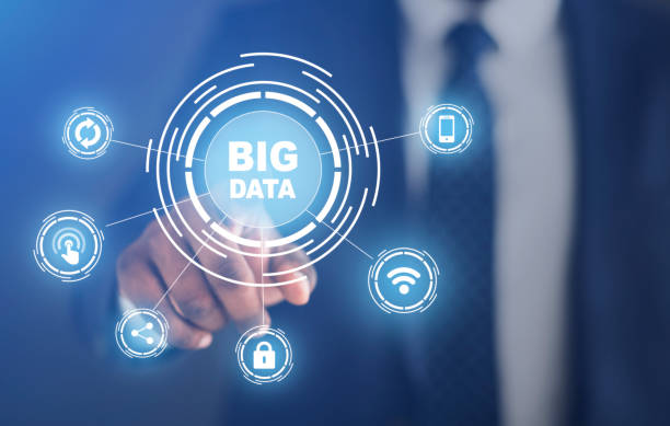 istock Businessman pushing with Big Data button with computer pictograms, creative collage 1267275047