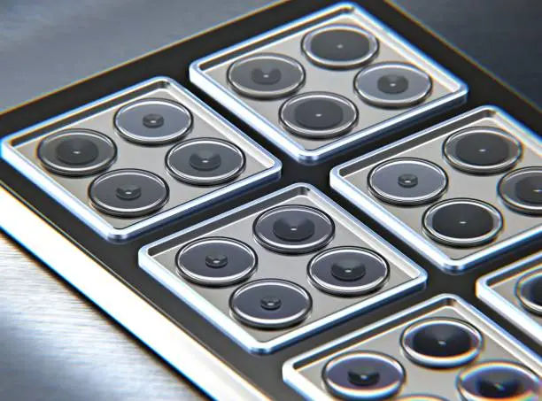Photo of Close-up on the back of a smartphone entirely covered of camera modules