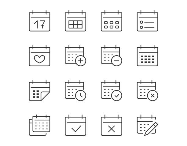 ikona cienkiej linii kalendarza. minimalna ilustracja wektorowa. zawiera proste ikony konspektu jako harmonogram, przypomnienie, termin, termin, czas wydarzenia. edytowalny obrys - calendar personal organizer clock diary stock illustrations