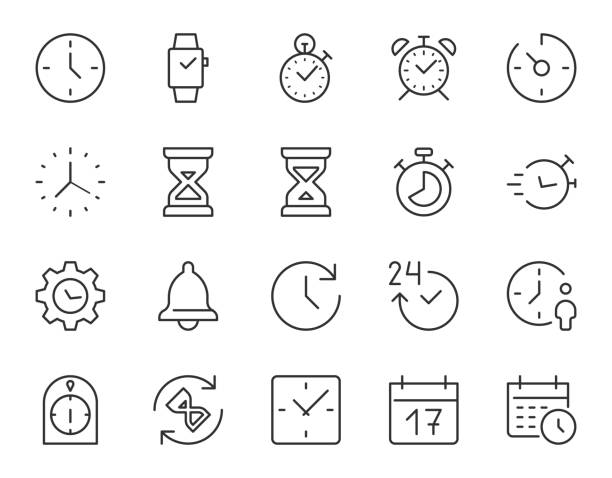 ilustraciones, imágenes clip art, dibujos animados e iconos de stock de tiempo, icono de línea fina del reloj. ilustración vectorial mínima. incluye iconos de esquema simple como reloj, cronómetro, temporizador, alarma, calendario, reloj de arena. trazo editable - clock face alarm clock clock minute hand