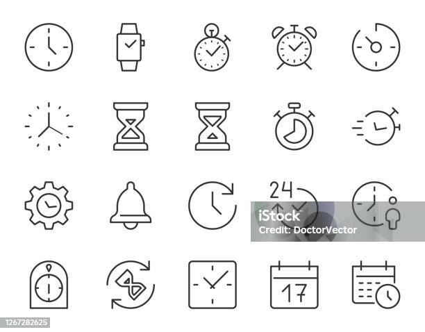 시간 시계 얇은 선 아이콘 최소 벡터 일러스트레이션입니다 시계 스톱워치 타이머 알람 캘린더 모래 시계와 같은 간단한 윤곽선 아이콘이 포함되어 있습니다 편집 가능한 스트로크 아이콘에 대한 스톡 벡터 아트 및 기타 이미지