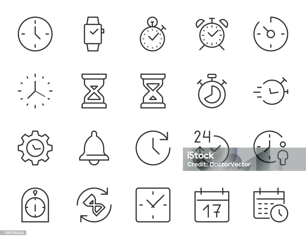Czas, clock cienka ikona linii. Minimalna ilustracja wektorowa. Zawiera proste ikony konspektu jako zegarek, stoper, timer, alarm, kalendarz, piaszczysta klepsydra. Edytowalny obrys - Grafika wektorowa royalty-free (Ikona)