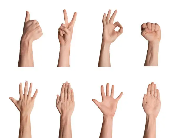 Photo of Set of male hands showing various gestures on white background, collage