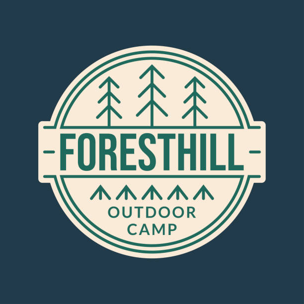 Camp logo. Outdoor Camping badge with forest and tourist tents. Vector illustration.