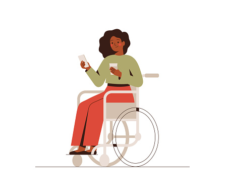 The black businesswoman is sitting in a wheelchair with a mobile phone at the break time. Young dark skin disabled girl drinking coffee and using a smartphone. Flat cartoon vector illustration.