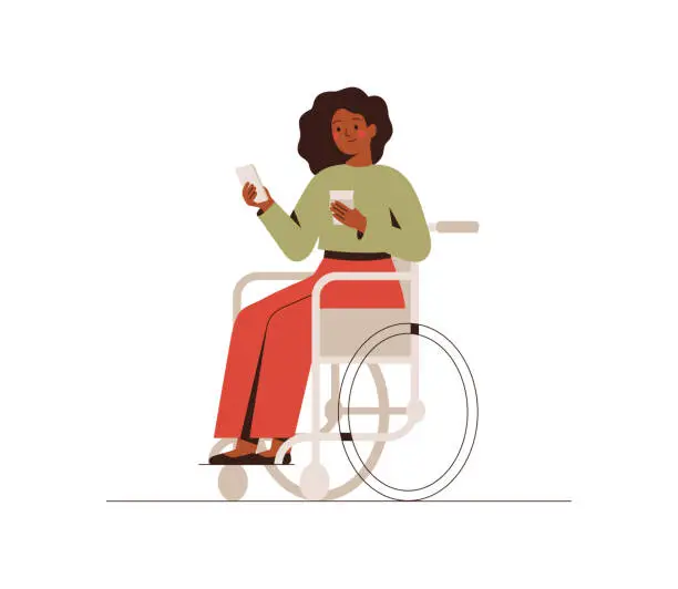 Vector illustration of The black businesswoman is sitting in a wheelchair with a mobile phone at the break time. Young dark skin disabled girl drinking coffee and using a smartphone.