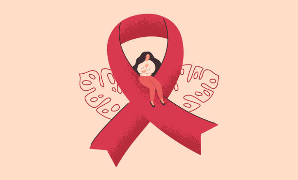 ilustraciones, imágenes clip art, dibujos animados e iconos de stock de bandera del mes de concientización y prevención del cáncer de mama. una joven se sienta en una gran cinta rosa. - seno ilustraciones