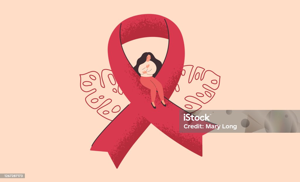 Bannière du mois de sensibilisation et de prévention du cancer du sein. La jeune femme s’assied sur un grand ruban rose. - clipart vectoriel de Femmes libre de droits