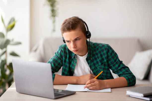 istock Concentrated school boy studying online from home 1267288241