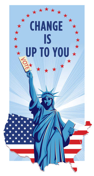 Statue Of Liberty Holding A Voting Ticket for USA Election Statue Of Liberty Holding A Voting Ticket Urging The People Of America That They Have The Freedom To Vote illustration. statue of liberty replica stock illustrations