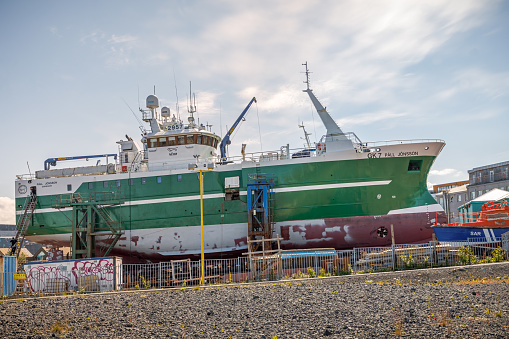Reykjavik, Iceland, July 7, 2020: Trawler at a shipyard in the center of Reykjavik, the capital of Iceland