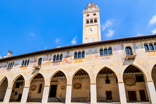 Treviso, Italy - July 6, 2022: Exterior of historic buildings in Treviso, Veneto, Italy. The Palazzo del Trecento