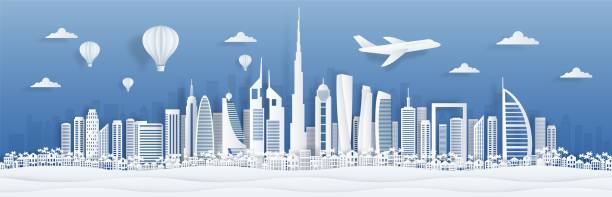 두바이 종이 컷. 엽서와 포스터를 위한 유명한 랜드마크가 있는 uae 스카이라인 도시 파노라마. 벡터 두바이 도시 경관 - dubai skyline panoramic united arab emirates stock illustrations