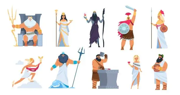 Vector illustration of Greek gods. Cartoon ancient mythology characters, vector Zeus Ares a Poseidon gods and goddess isolated on white background