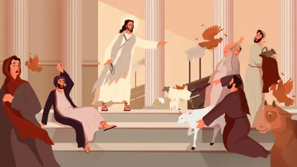 Vector illustration of Bible narratives about the Cleansing of the Temple. Jesus expelling