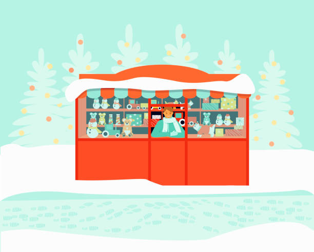 The seller at the toy kiosk is waiting for the buyers The seller at the toy kiosk is waiting for the buyers. The store sells bears, cars, snowman. Winter season. Flat vector illustration ursus tractor stock illustrations