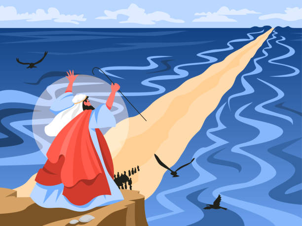 Bible narratives about Moses miracle. Christian bible character. Bible narratives about Moses miracle. Christian bible character. Scripture history. Moses splitting the red sea and ordering let Jewish people go out of Egypt. Vector illustration passover stock illustrations