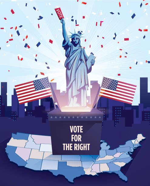 The Statue of Liberty Holding A Voting Ticket With Ballot Box On The Geographic Shape of America. The Statue of Liberty Holding A Voting Ticket With Ballot Box On The Geographic Shape of America. Voting Tickets Falling In The Background US election concepts illustration statue of liberty replica stock illustrations
