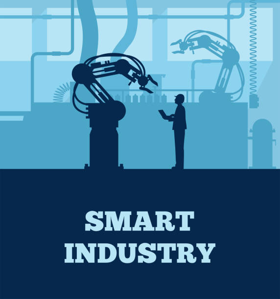 Industry 4.0 concept, Silhouette of automated production line with worker. Vector eps 10 industry silhouettes stock illustrations