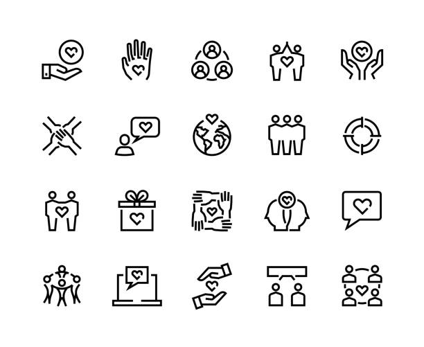 Friendship line icons. Charity and partnership, business assistance and communication concept. Vector community relationship Friendship line icons. Charity and partnership, business assistance and communication concept. Vector community relationship friends flat icon for social cooperating app communities wellness stock illustrations