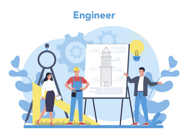 ilustraciones, imágenes clip art, dibujos animados e iconos de stock de concepto de ingeniero. ocupación profesional para diseñar y construir - drawing compass machine part engineering plan