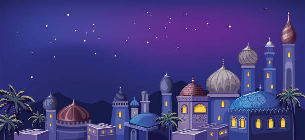 星空。東の魔法の夜。伝統的な泥の家と古代の寺院やモスクとおとぎ話のアラビアの風景。イスラム教徒の街並み。 宗教を構築する。漫画の壁紙。素晴らしい背景。 - palace点のイラスト素材／クリップアート素材／マンガ素材／アイコン素材