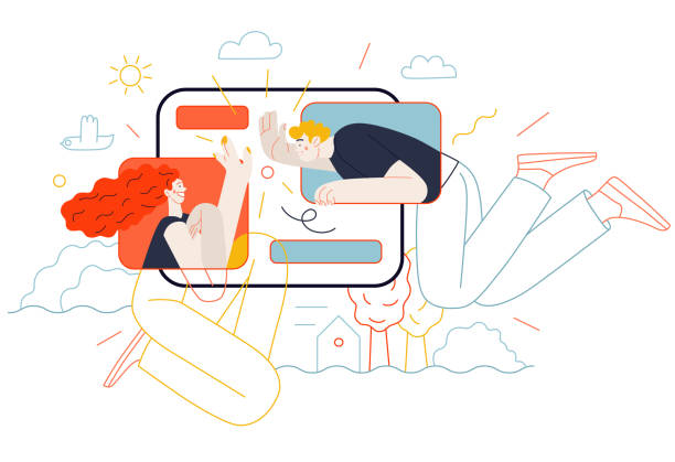 Business topics - chat Business topics - chat. Flat style modern outlined vector concept illustration. Tablet screen with messages of chatting couple - young man and woman. Business metaphor. bubble cut stock illustrations