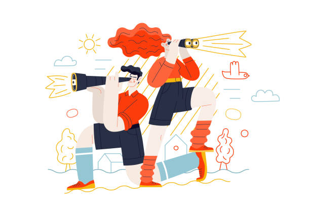Business topics - development Business topics - development, research. Flat style modern outlined vector concept illustration. Young man looking through the telescope and a woman with binoculars. Business metaphor. prediction concept stock illustrations