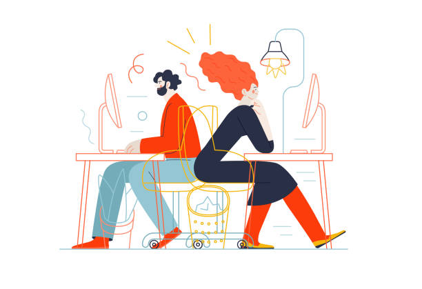 Business topics - office work Business topics - office work. Flat style modern outlined vector concept illustration. Man and woman sitting and working at the office desks with desktop computers. Business metaphor. corporate office cubicle stock illustrations