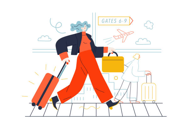 Business topics - business trip Business topics - business trip. Flat style modern outlined vector concept illustration. A young woman with a suitcase walking by the moving walkway in the airport. Business metaphor. walking drawings stock illustrations