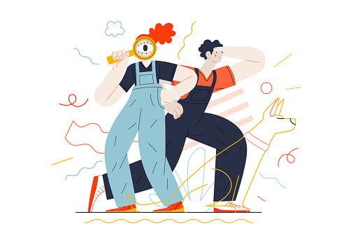 Business topics - search. Flat style modern outlined vector concept illustration. Young man looking forward and a woman with a magnifying glass looking through it. Business metaphor.