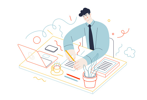 Business topics - tasks. Flat style modern outlined vector concept illustration. A young man wearing a tie sitting at the office desk, filling in the list of tasks. Business metaphor.